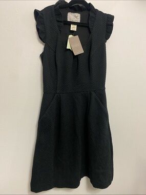 Anthropologie Black Textured Ruffle-Sleeve Fit-and-Flare Mini Dress